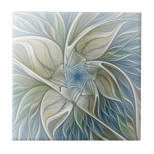 Floral Dream Pattern Abstract Blue Khaki Fractal Ceramic Tile