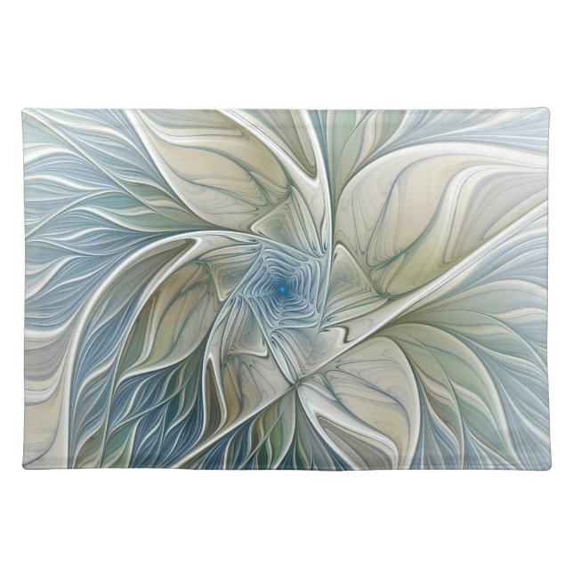 Floral Dream Pattern Abstract Blue Khaki Fractal Cloth Placemat (Front)