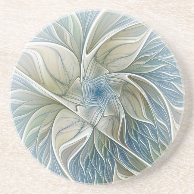 Floral Dream Pattern Abstract Blue Khaki Fractal Coaster (Front)