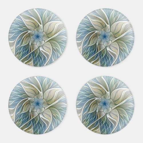 Floral Dream Pattern Abstract Blue Khaki Fractal Coaster Set