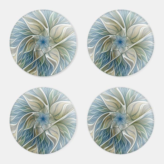 Floral Dream Pattern Abstract Blue Khaki Fractal Coaster Set (Set)