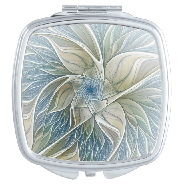 Floral Dream Pattern Abstract Blue Khaki Fractal Compact Mirror (Front)