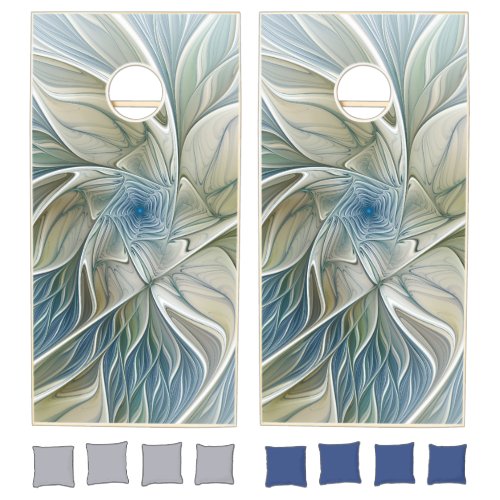 Floral Dream Pattern Abstract Blue Khaki Fractal Cornhole Set