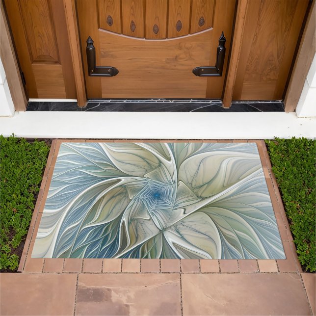 Floral Dream Pattern Abstract Blue Khaki Fractal Doormat (Outdoor)