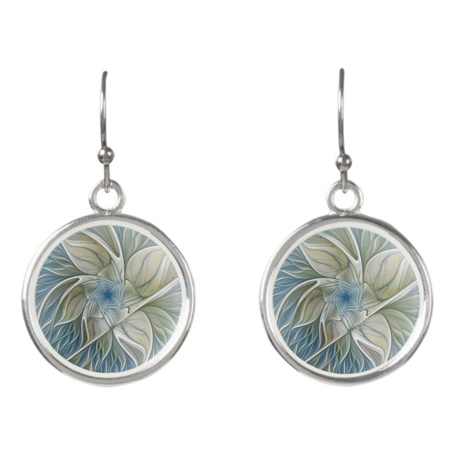 Floral Dream Pattern Abstract Blue Khaki Fractal Earrings (Front)