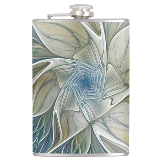 Floral Dream Pattern Abstract Blue Khaki Fractal Flask (Front)
