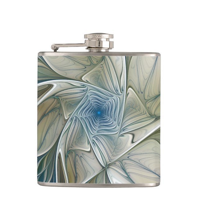 Floral Dream Pattern Abstract Blue Khaki Fractal Flask (Front)