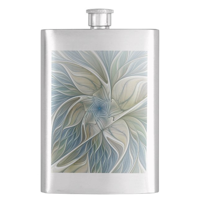 Floral Dream Pattern Abstract Blue Khaki Fractal Flask (Front)