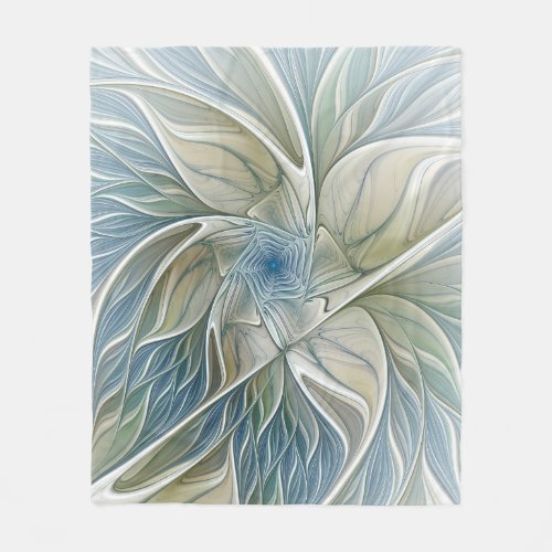 Floral Dream Pattern Abstract Blue Khaki Fractal Fleece Blanket