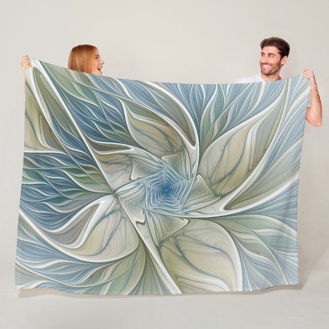 Floral Dream Pattern Abstract Blue Khaki Fractal Fleece Blanket (In Situ)