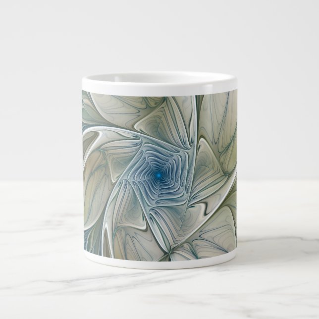 Floral Dream Pattern Abstract Blue Khaki Fractal Giant Coffee Mug (Front)