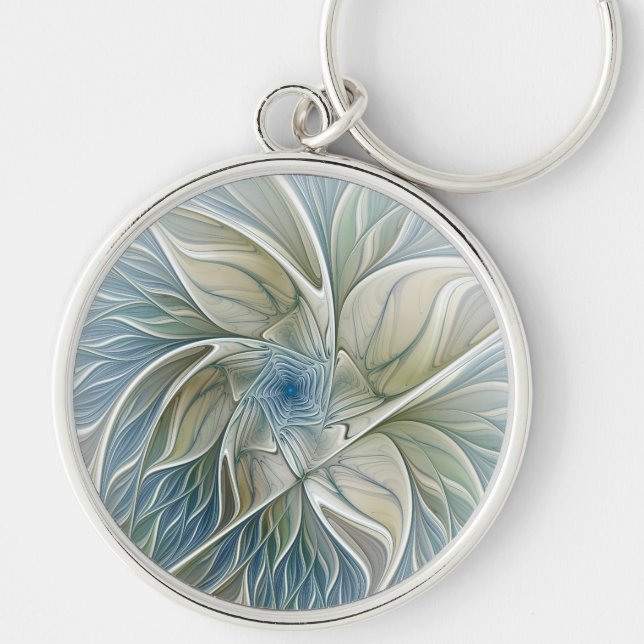 Floral Dream Pattern Abstract Blue Khaki Fractal Keychain (Front)