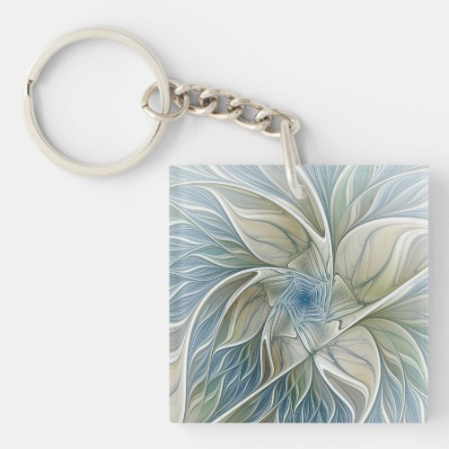 Floral Dream Pattern Abstract Blue Khaki Fractal Keychain