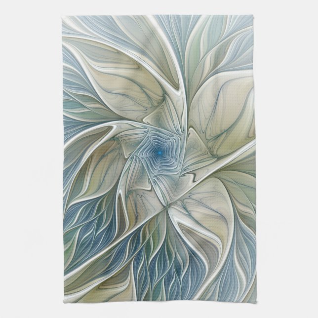 Floral Dream Pattern Abstract Blue Khaki Fractal Kitchen Towel (Vertical)