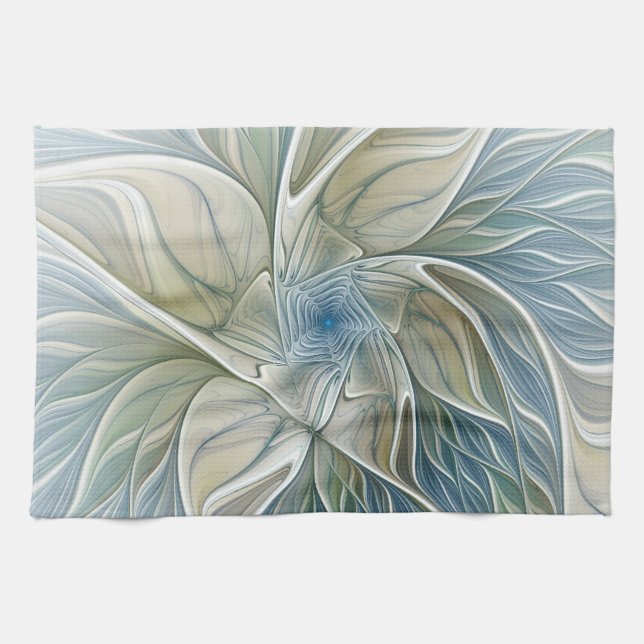 Floral Dream Pattern Abstract Blue Khaki Fractal Kitchen Towel (Horizontal)