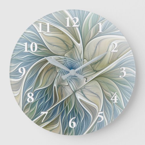 Floral Dream Pattern Abstract Blue Khaki Fractal Large Clock