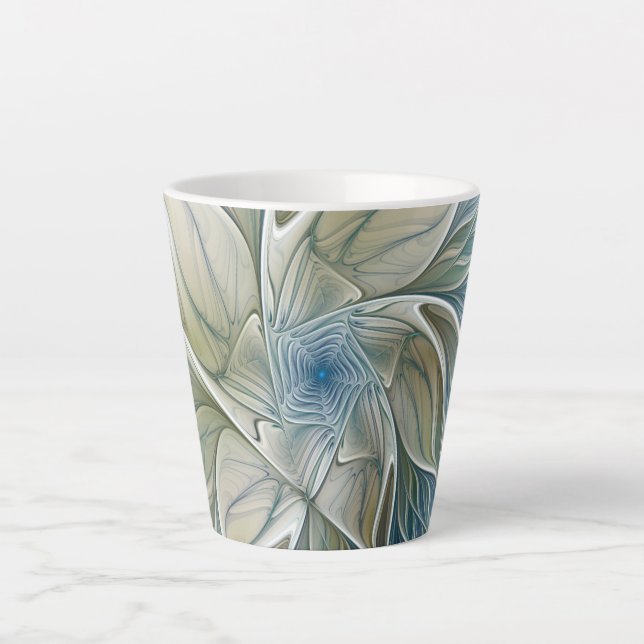 Floral Dream Pattern Abstract Blue Khaki Fractal Latte Mug (Front)