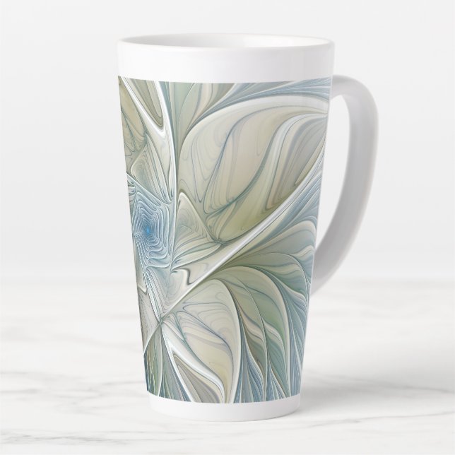 Floral Dream Pattern Abstract Blue Khaki Fractal Latte Mug (Right Angle)