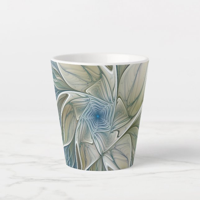 Floral Dream Pattern Abstract Blue Khaki Fractal Latte Mug (Front)