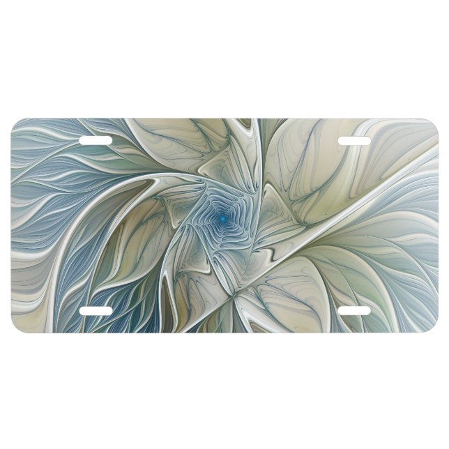 Floral Dream Pattern Abstract Blue Khaki Fractal License Plate (Front)