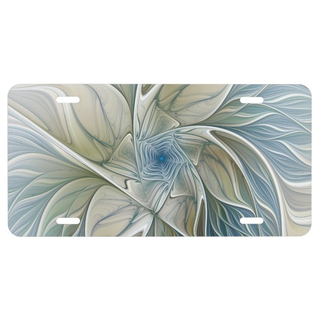 Floral Dream Pattern Abstract Blue Khaki Fractal License Plate (Front)