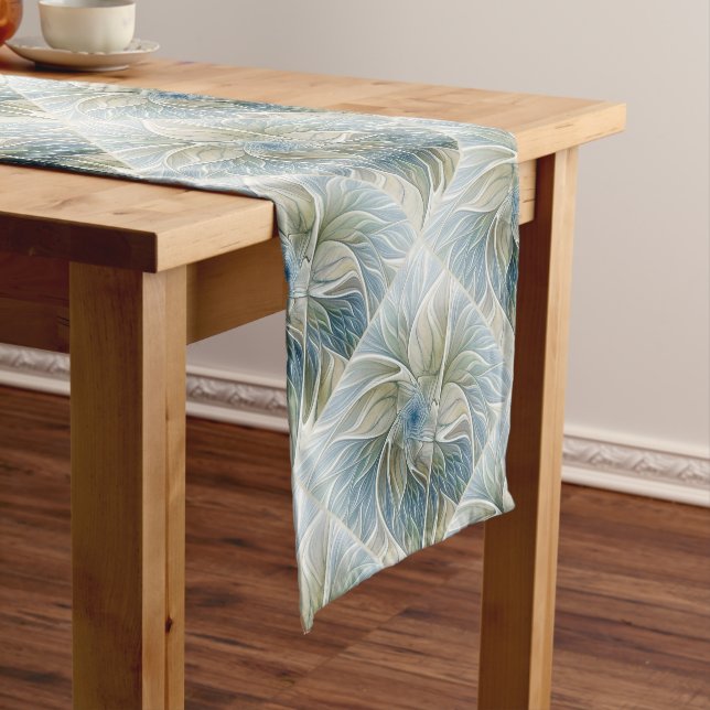 Floral Dream Pattern Abstract Blue Khaki Fractal Long Table Runner (In Situ)