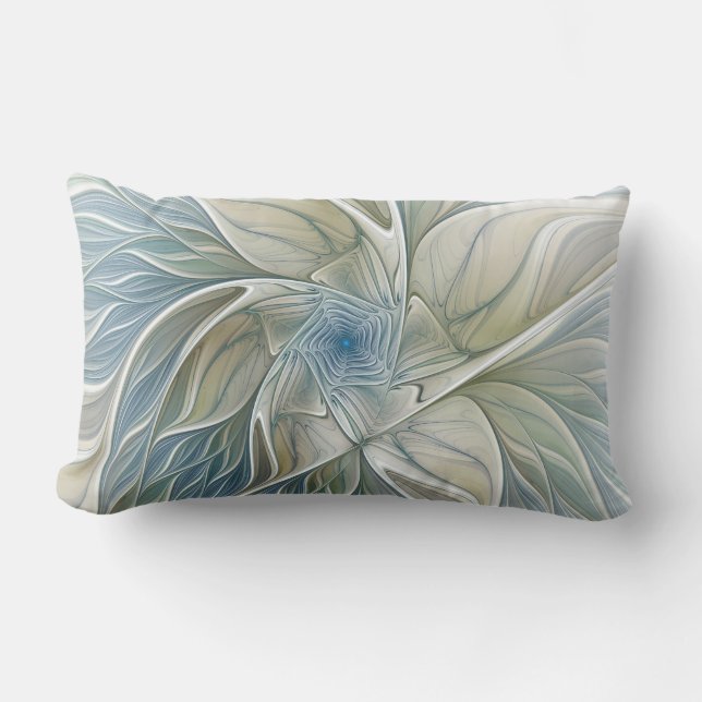 Floral Dream Pattern Abstract Blue Khaki Fractal Lumbar Pillow (Front)