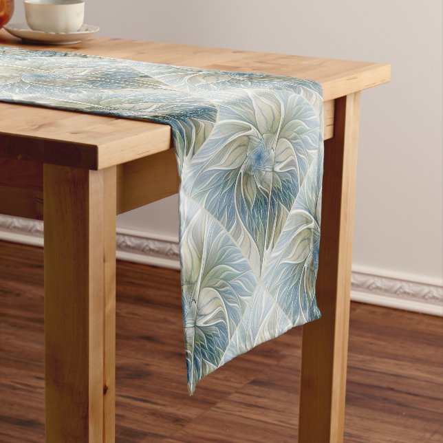 Floral Dream Pattern Abstract Blue Khaki Fractal Medium Table Runner (In Situ)