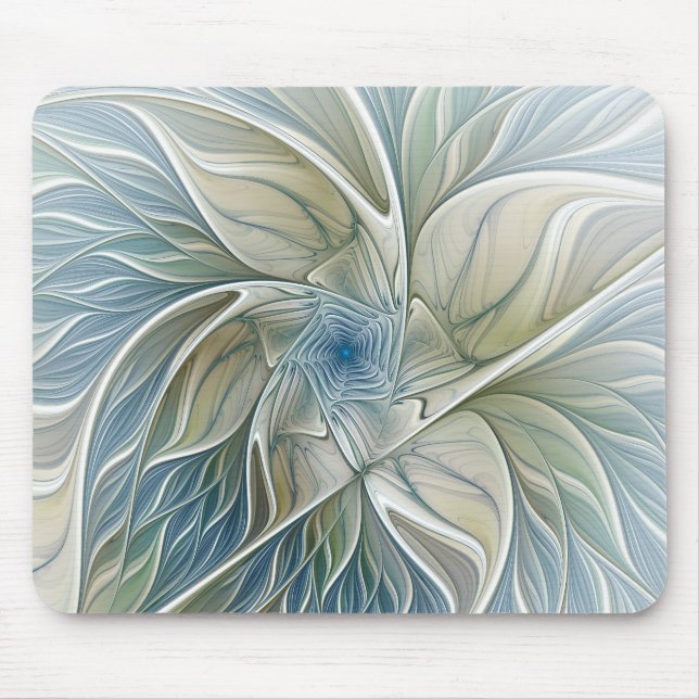 Floral Dream Pattern Abstract Blue Khaki Fractal Mouse Pad (Front)