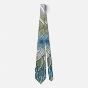 Floral Dream Pattern Abstract Blue Khaki Fractal Neck Tie