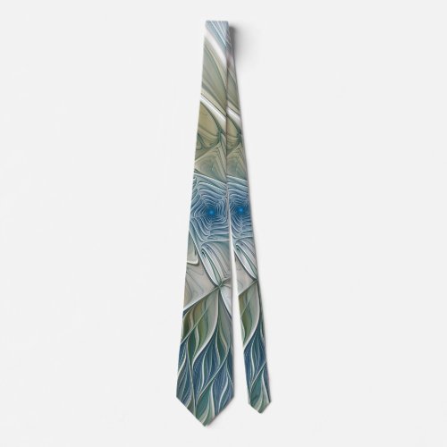 Floral Dream Pattern Abstract Blue Khaki Fractal Neck Tie