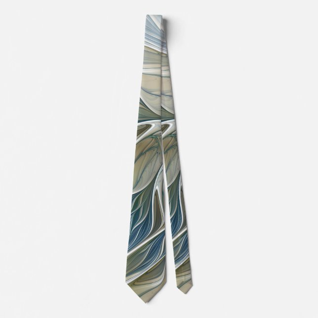 Floral Dream Pattern Abstract Blue Khaki Fractal Neck Tie (Front)