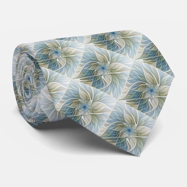 Floral Dream Pattern Abstract Blue Khaki Fractal Neck Tie (Rolled)