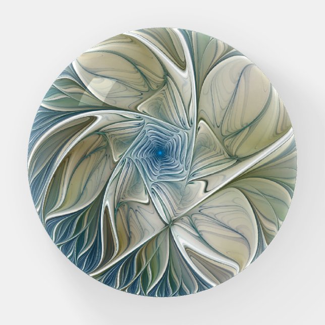 Floral Dream Pattern Abstract Blue Khaki Fractal Paperweight (Front)