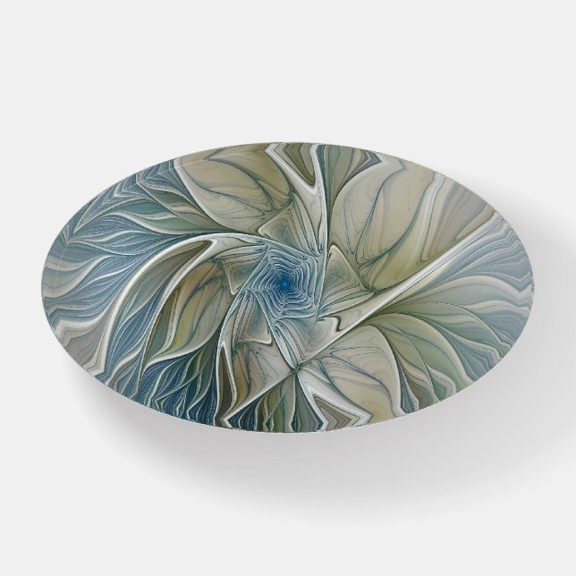 Floral Dream Pattern Abstract Blue Khaki Fractal Paperweight (Front)