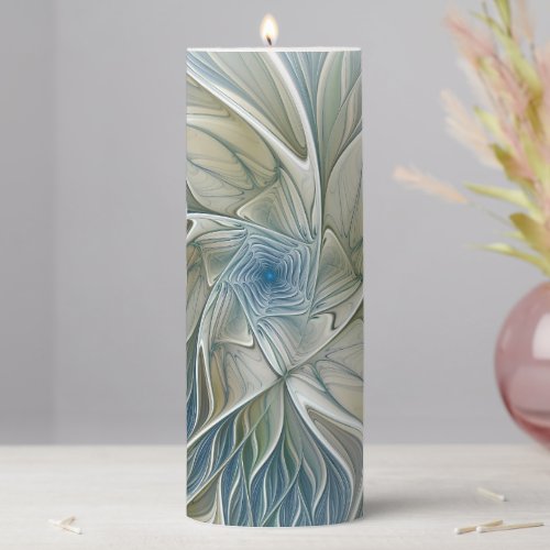Floral Dream Pattern Abstract Blue Khaki Fractal Pillar Candle