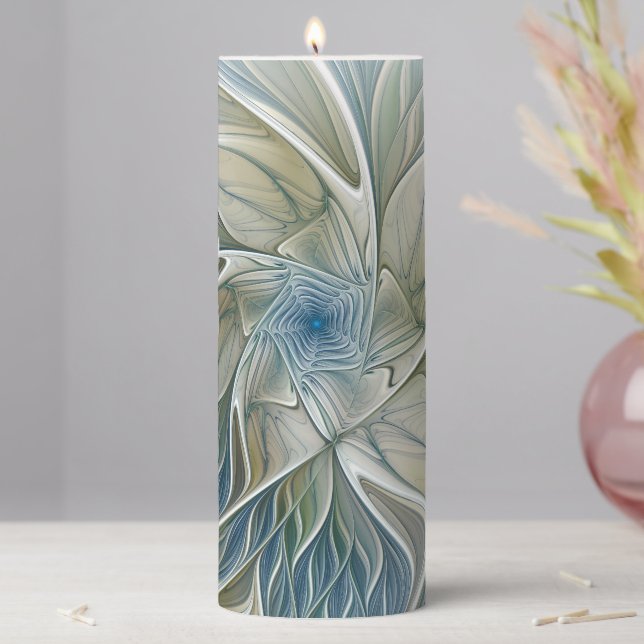 Floral Dream Pattern Abstract Blue Khaki Fractal Pillar Candle (In Situ)