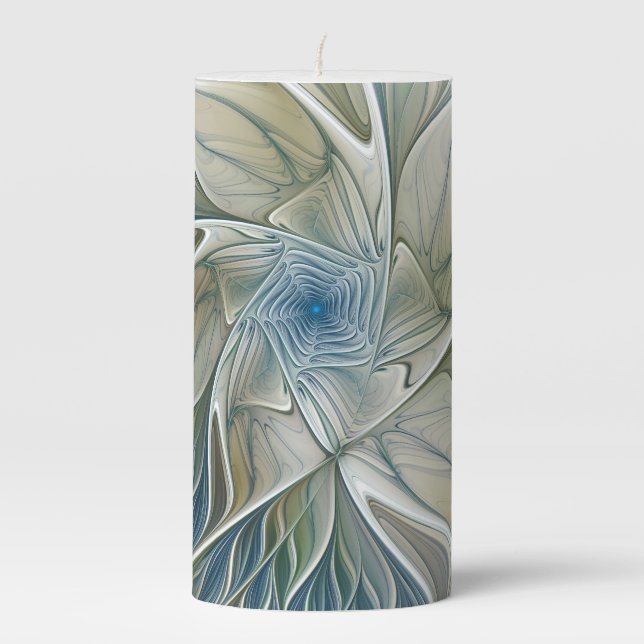 Floral Dream Pattern Abstract Blue Khaki Fractal Pillar Candle (Front)