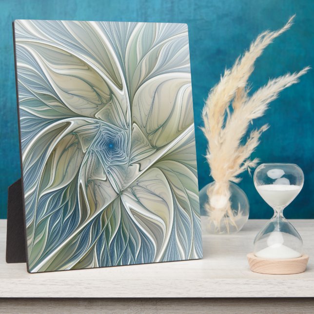 Floral Dream Pattern Abstract Blue Khaki Fractal Plaque (Side)