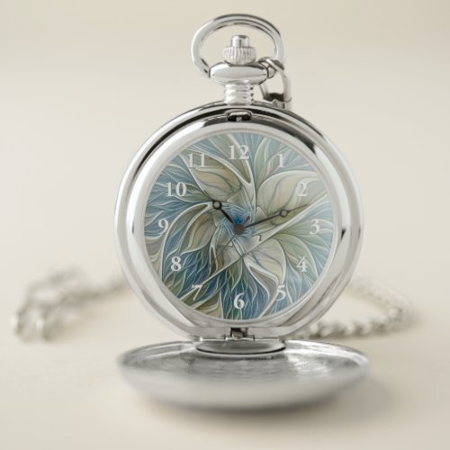 Floral Dream Pattern Abstract Blue Khaki Fractal Pocket Watch