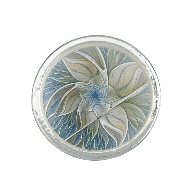Floral Dream Pattern Abstract Blue Khaki Fractal Ring (Front)