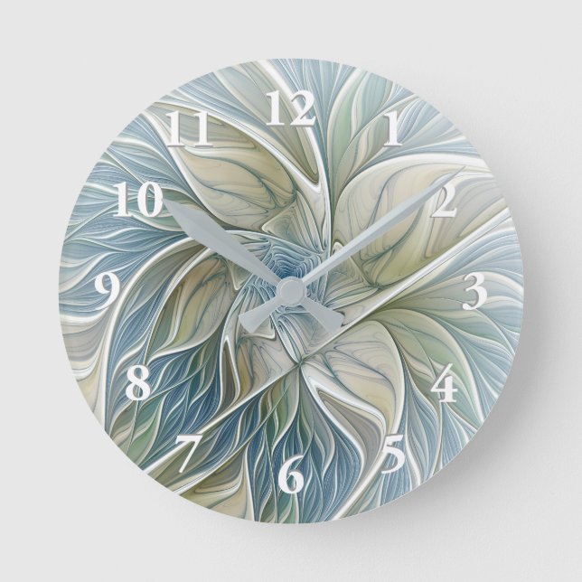 Floral Dream Pattern Abstract Blue Khaki Fractal Round Clock (Front)
