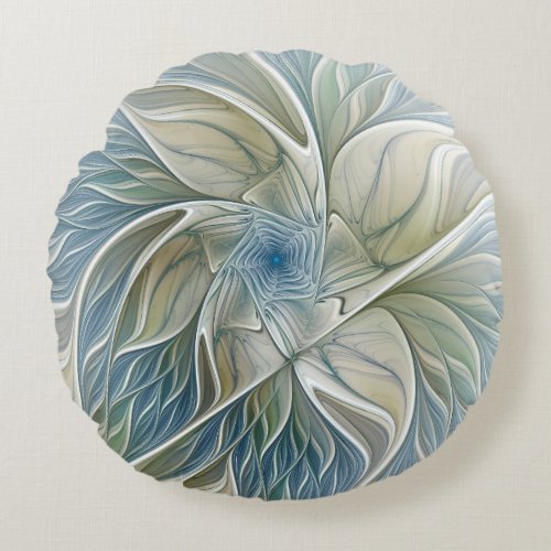 Floral Dream Pattern Abstract Blue Khaki Fractal Round Pillow