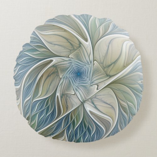 Floral Dream Pattern Abstract Blue Khaki Fractal Round Pillow