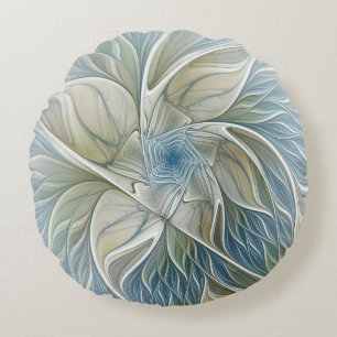 Floral Dream Pattern Abstract Blue Khaki Fractal Round Pillow