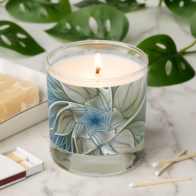 Floral Dream Pattern Abstract Blue Khaki Fractal Scented Candle (Lit)