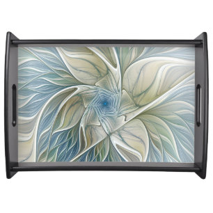 Floral Dream Pattern Abstract Blue Khaki Fractal Serving Tray