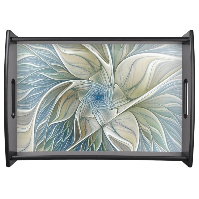 Floral Dream Pattern Abstract Blue Khaki Fractal Serving Tray (Front)