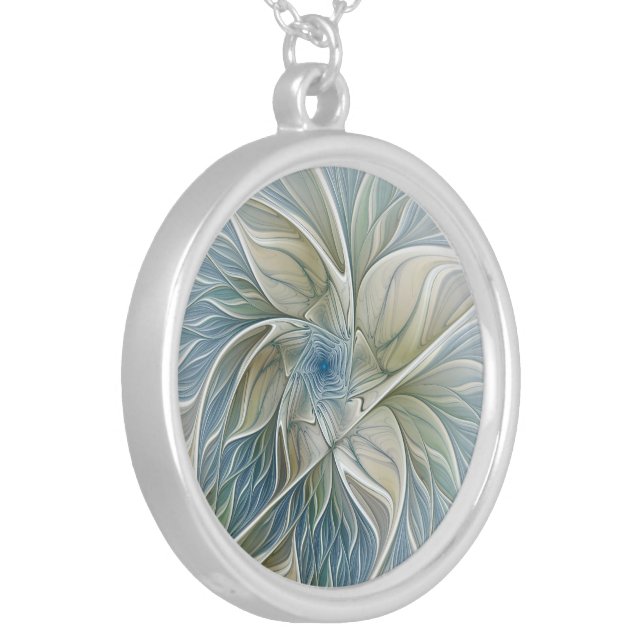 Floral Dream Pattern Abstract Blue Khaki Fractal Silver Plated Necklace (Front Left)