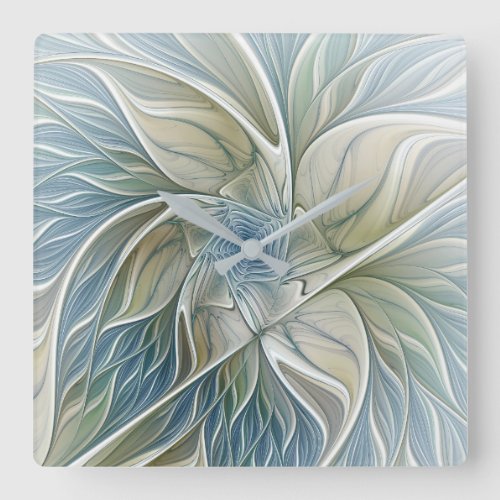 Floral Dream Pattern Abstract Blue Khaki Fractal Square Wall Clock